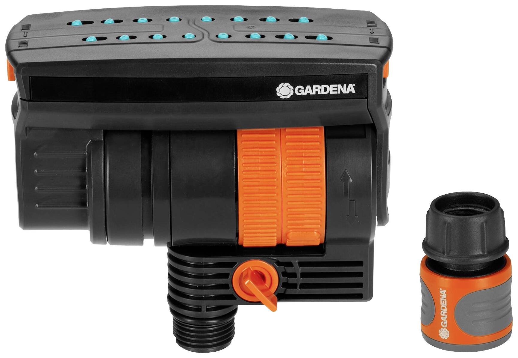 Sistema di irrigazione a goccia di Gardena in nero e arancione, incluso il raccordo. I componenti principali sono chiaramente visibili.