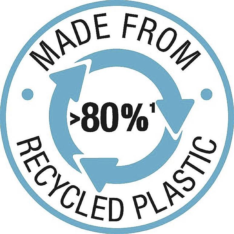 "Prodotto per oltre l'80% da plastica riciclata." Un cerchio con frecce simboleggia il riciclo.