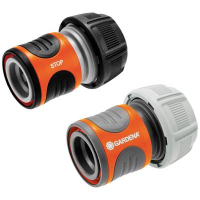 Due connettori per tubo Gardena in arancione e nero. Uno è contrassegnato con 'STOP', l'altro con il logo Gardena.