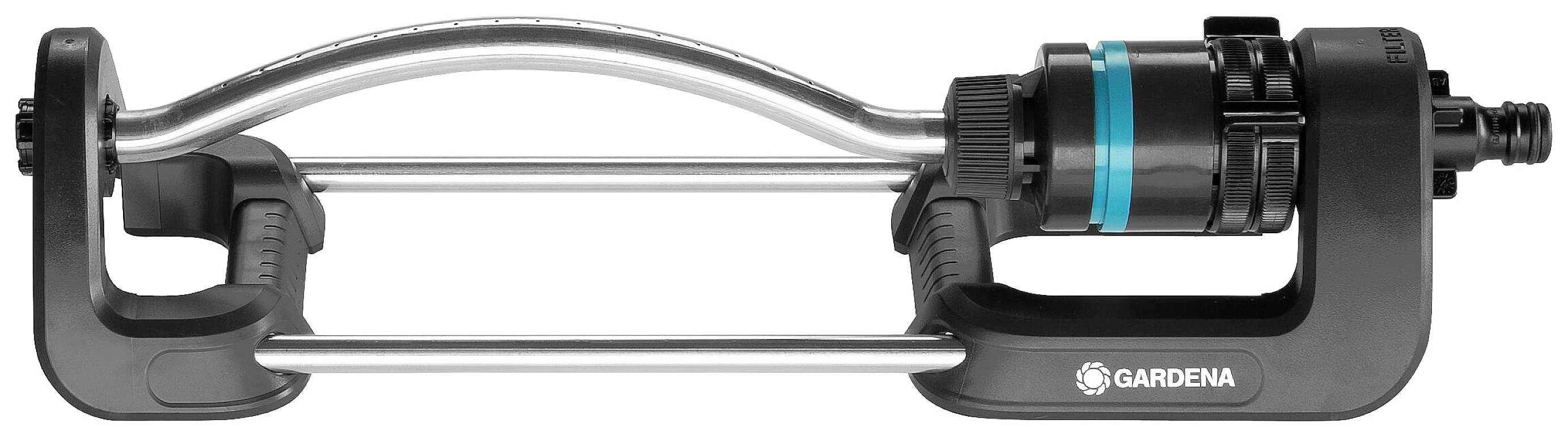 Un irrigatore a spruzzo Gardena con tubo curvo e accento blu, adatto per l'irrigazione uniforme dei giardini.