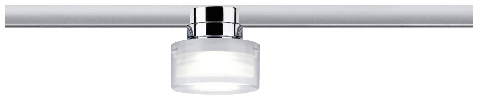 Plafoniera dal design cilindrico e moderno. Ha un supporto metallico lucido e un paralume dalla finitura opaca, simile al vetro.
