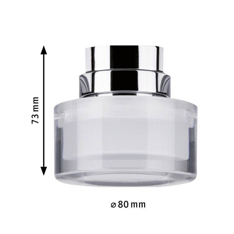 Piccolo plafoniere LED rotondo in cromo e vetro trasparente. Dimensioni: altezza 73 mm, diametro 80 mm. Ideale per interni moderni.