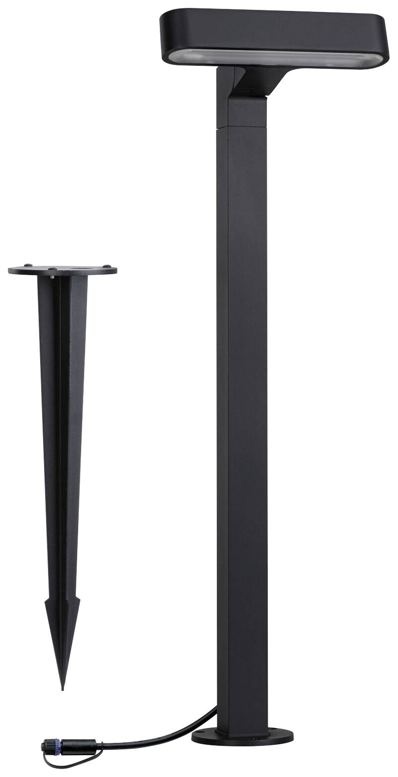 Un elemento palo moderno, verniciato di nero, con illuminazione a LED, posto accanto a un picchetto di terra per l'illuminazione esterna.
