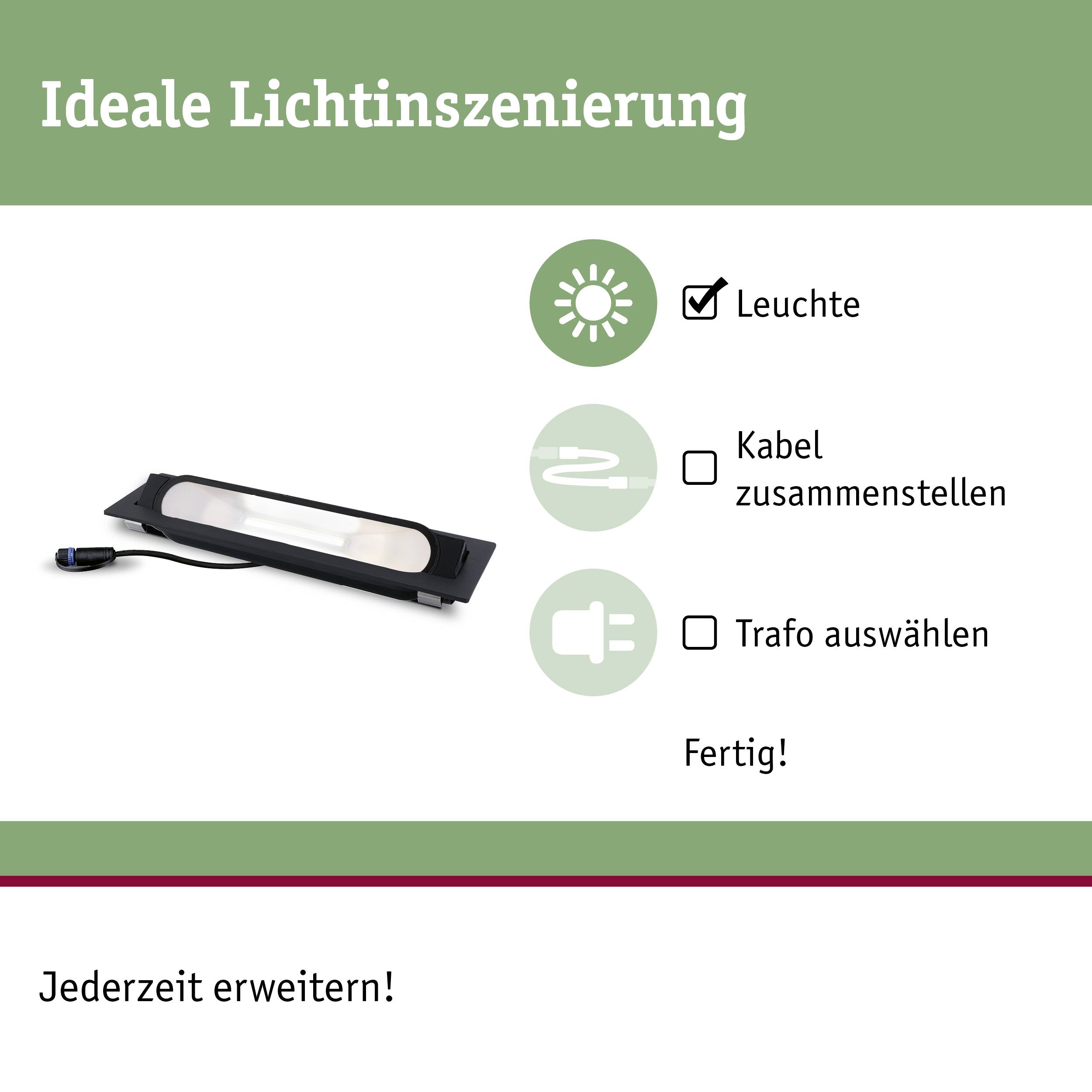 'Illuminazione Ideale' mostra una lampada sottile con cavo di collegamento. Simboli: sole, cavo, spina con i testi: 'Lampada', 'Assemblare il cavo', 'Scegliere il trasformatore', 'Pronto!'.