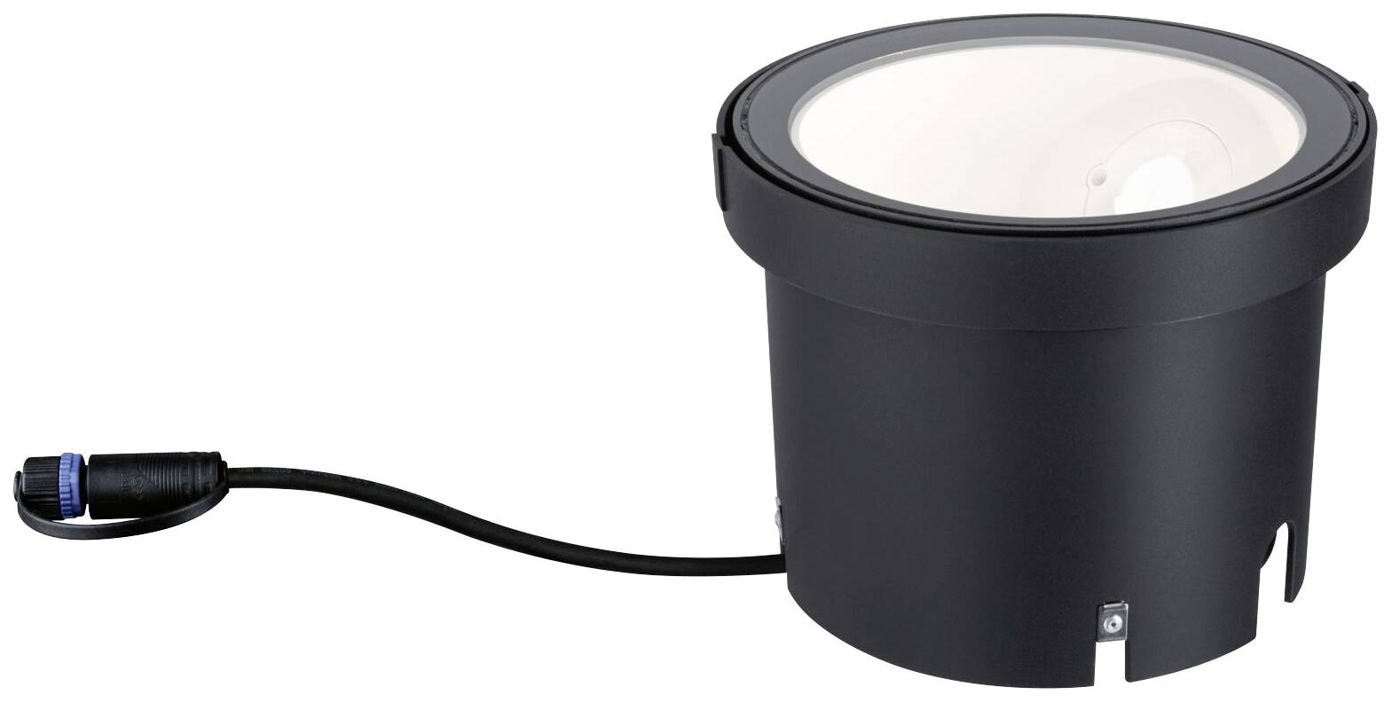 Faretto da incasso a LED rotondo nero con cavo, adatto per uso esterno.