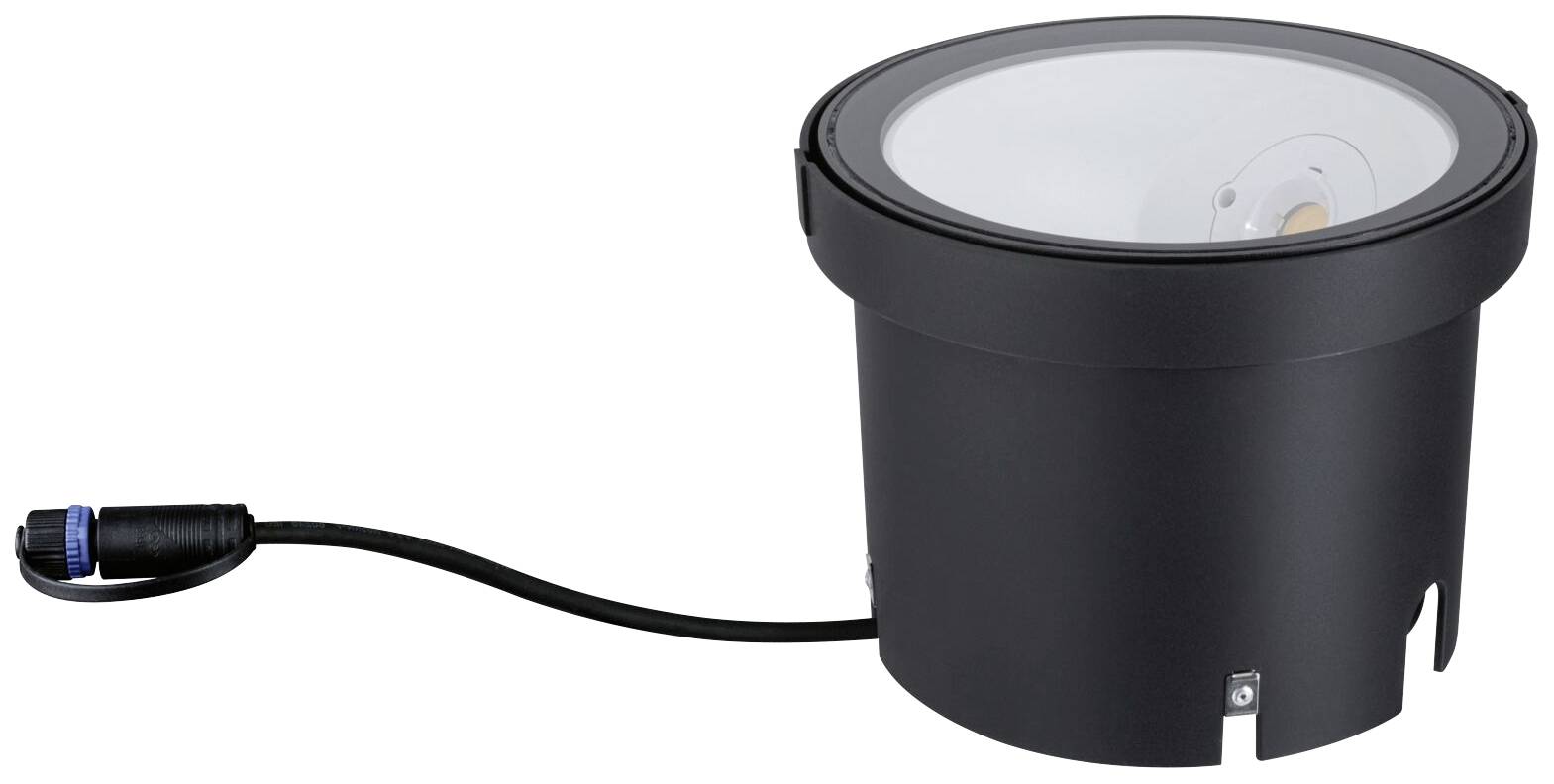 Un proiettore rotondo nero da incasso con connessione via cavo. Adatto per illuminazione esterna e installazione a pavimento.