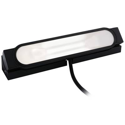 Un corpo illuminante LED rettangolare nero con un'area centrale luminosa e un cavo di alimentazione laterale, idoneo per applicazioni industriali.