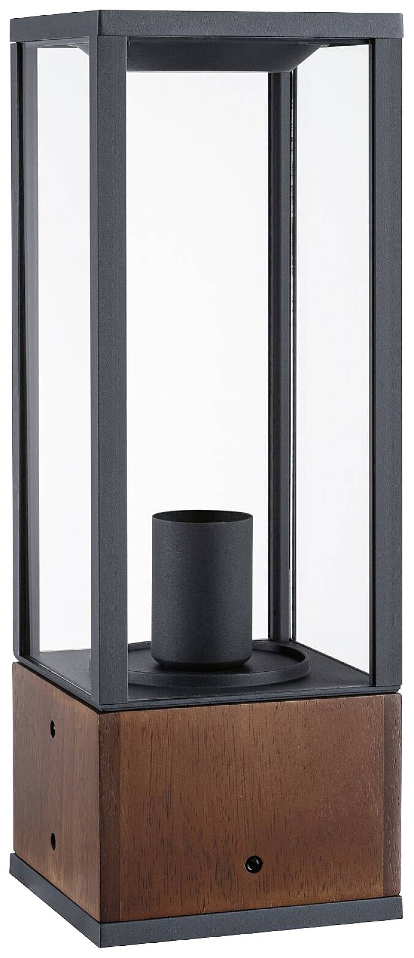 Una moderna lanterna con struttura in metallo e pareti di vetro su un piedistallo di legno. È progettata per illuminazione decorativa.
