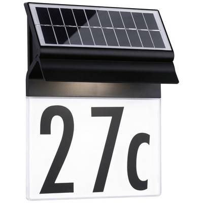 Insegna del numero civico alimentata a energia solare, che mostra il numero '27c'. Pannello solare nero nella parte superiore, superficie illuminata bianca nella parte inferiore.