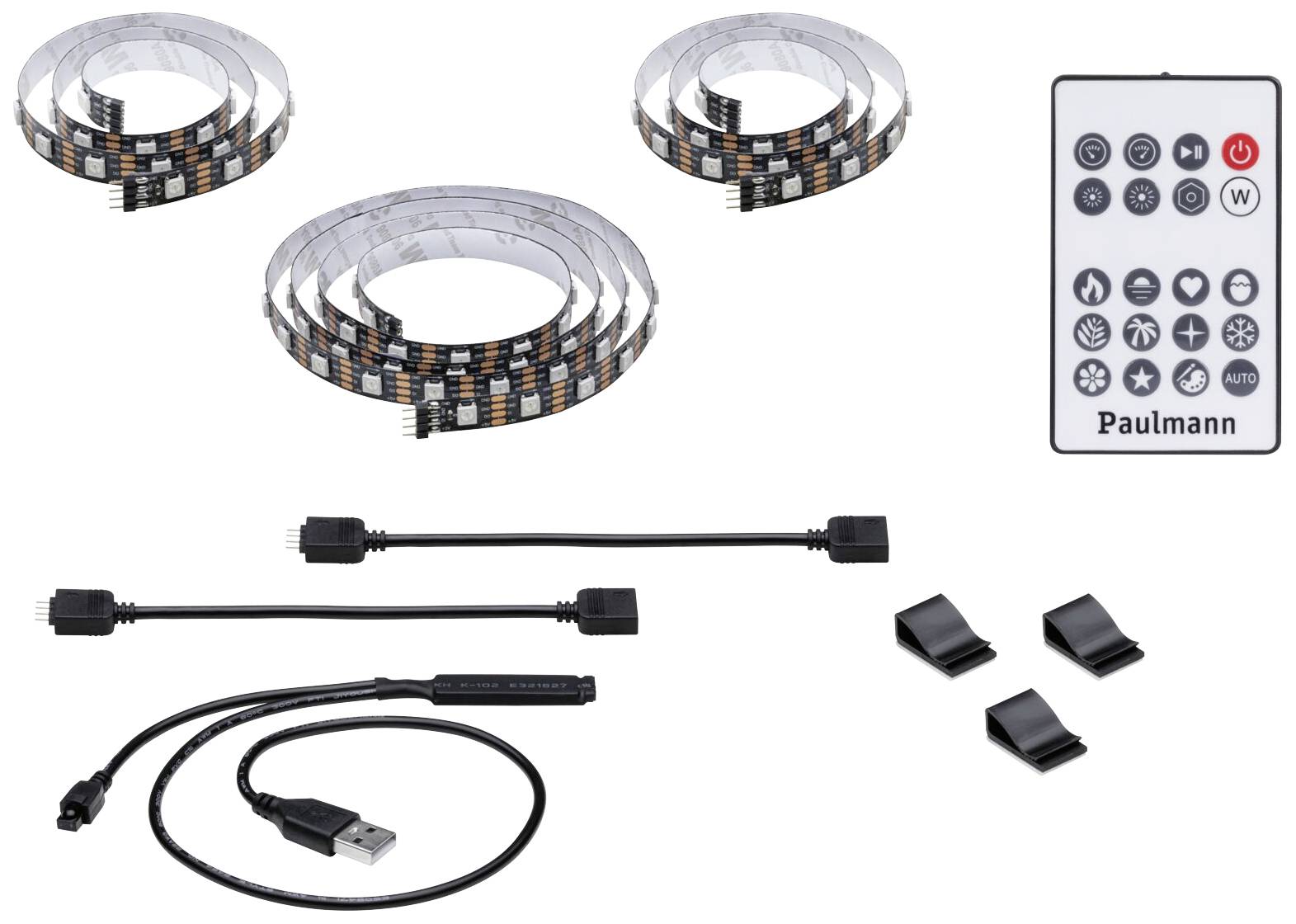 Set di strisce LED con telecomando, cavi e clip. Tre strisce luminose flessibili, telecomando per il controllo, installazione semplice.