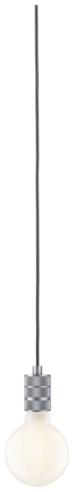 Una semplice lampada a sospensione con lampadina a pendolo, dotata di un lungo cavo nero e un portalampada argentato.