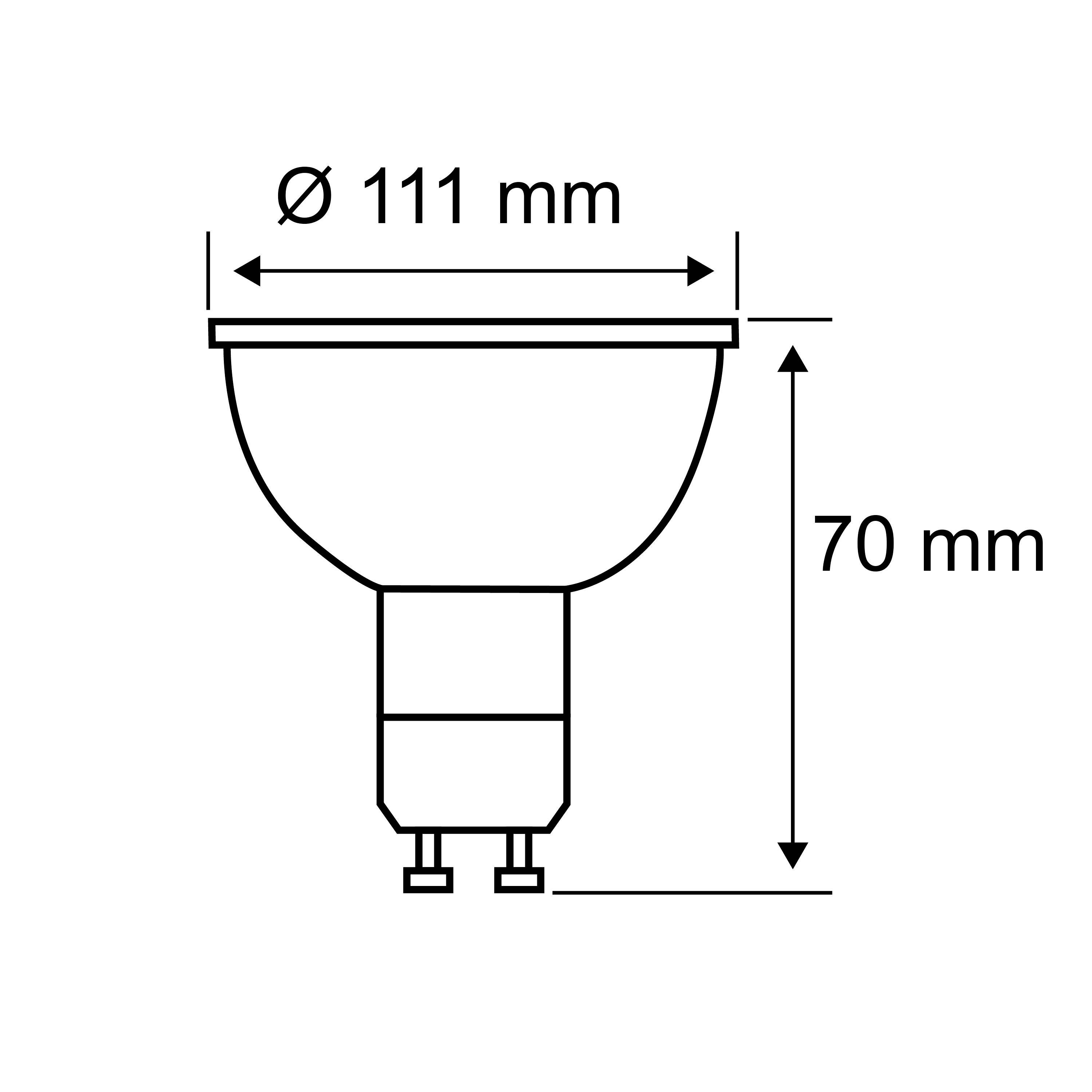 Un disegno schematico di una lampada con le misure: diametro 111 mm, altezza 70 mm.