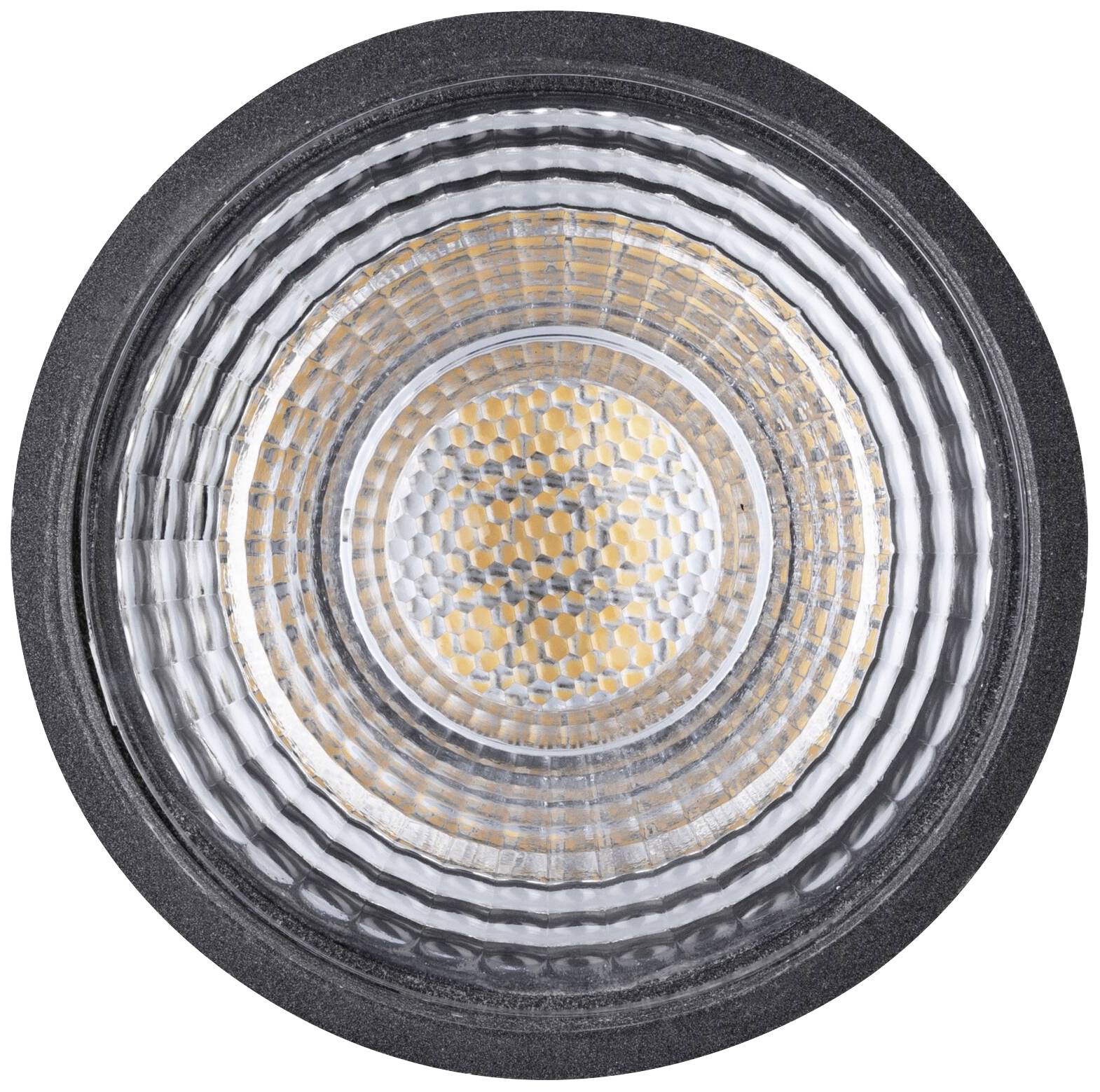 Primo piano di una lampada LED in involucro nero, che mostra la struttura dell'elemento illuminante e la superficie riflettente.