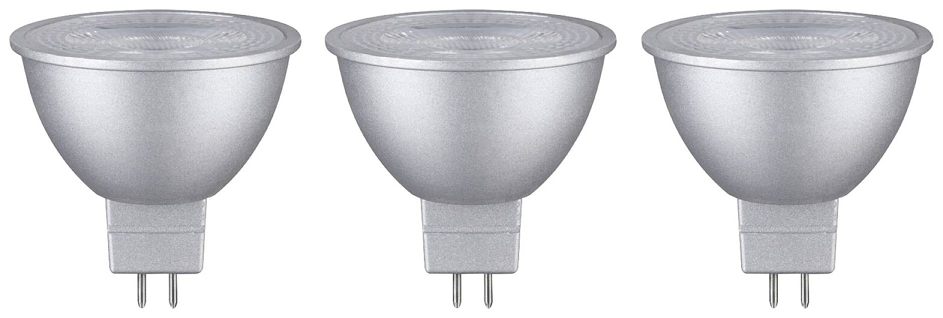 Tre faretti a LED argentati con attacco GU5.3, disposti uno accanto all'altro, su uno sfondo bianco.