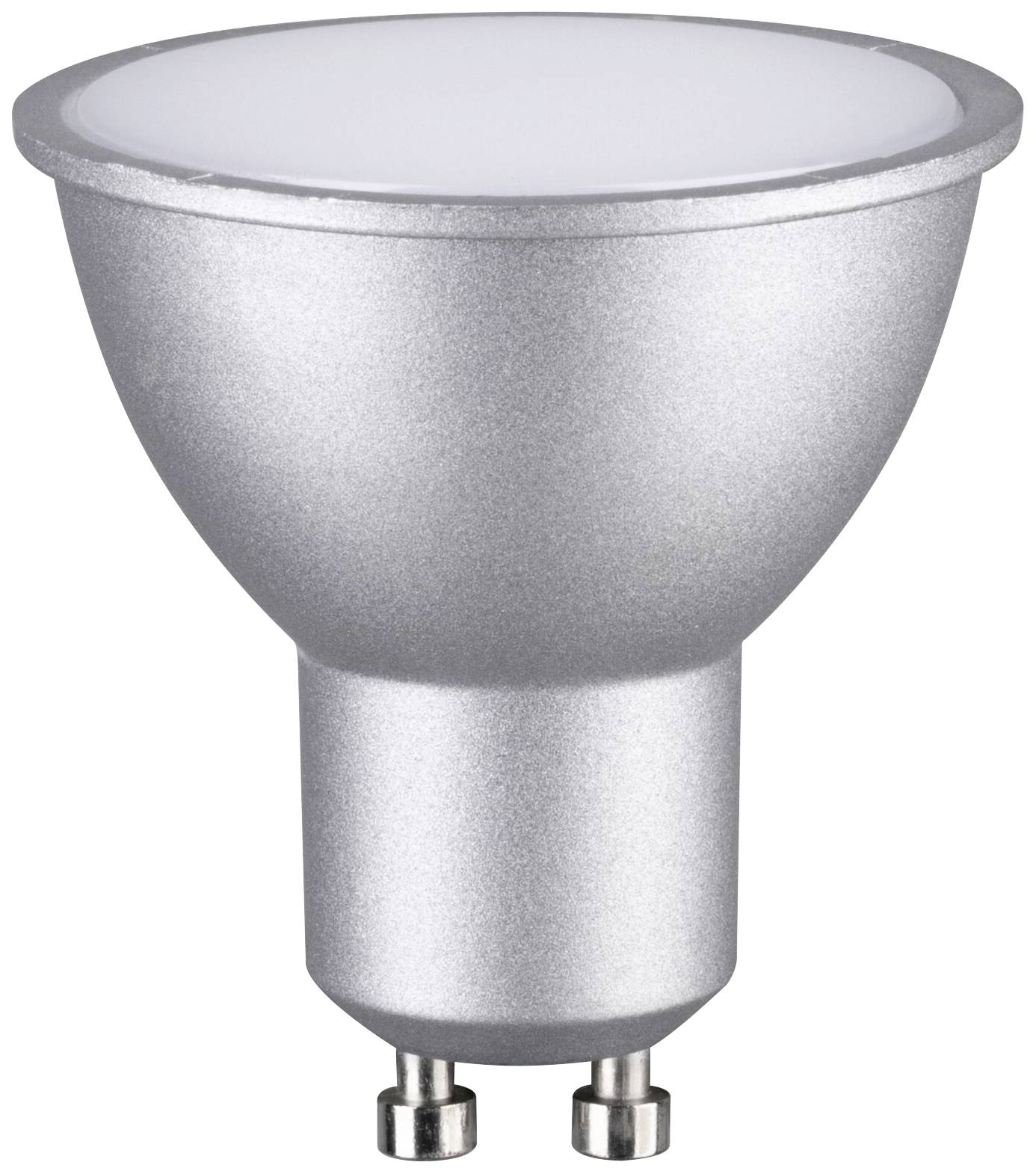 Una lampadina LED argentata con attacco GU10, adatta per illuminazione a soffitto e faretti. Energeticamente efficiente e di lunga durata.