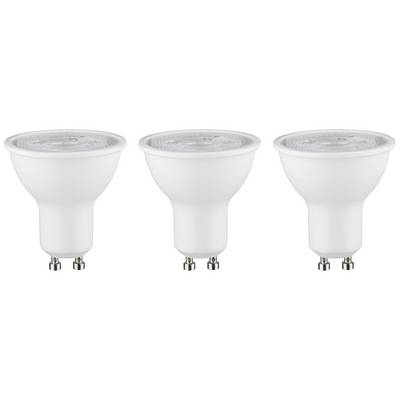Tre lampadine LED bianche con attacco GU10, disposte una accanto all'altra su sfondo bianco. Adatte per un'illuminazione a risparmio energetico.
