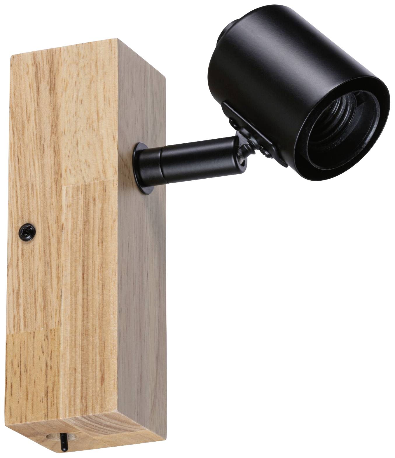 Un applique in legno con un proiettore nero orientabile. Design minimalista per interni moderni.