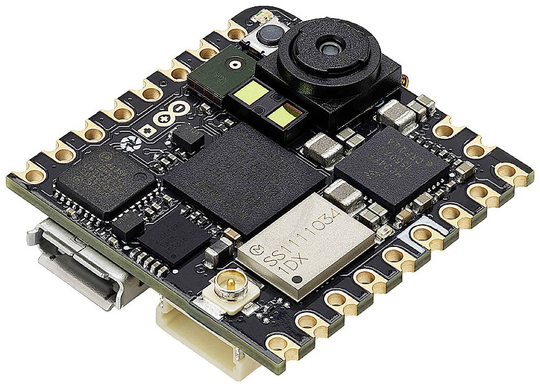 Scheda microcontrollore con fotocamera e vari connettori e componenti elettronici per applicazioni di sensori e connessioni.
