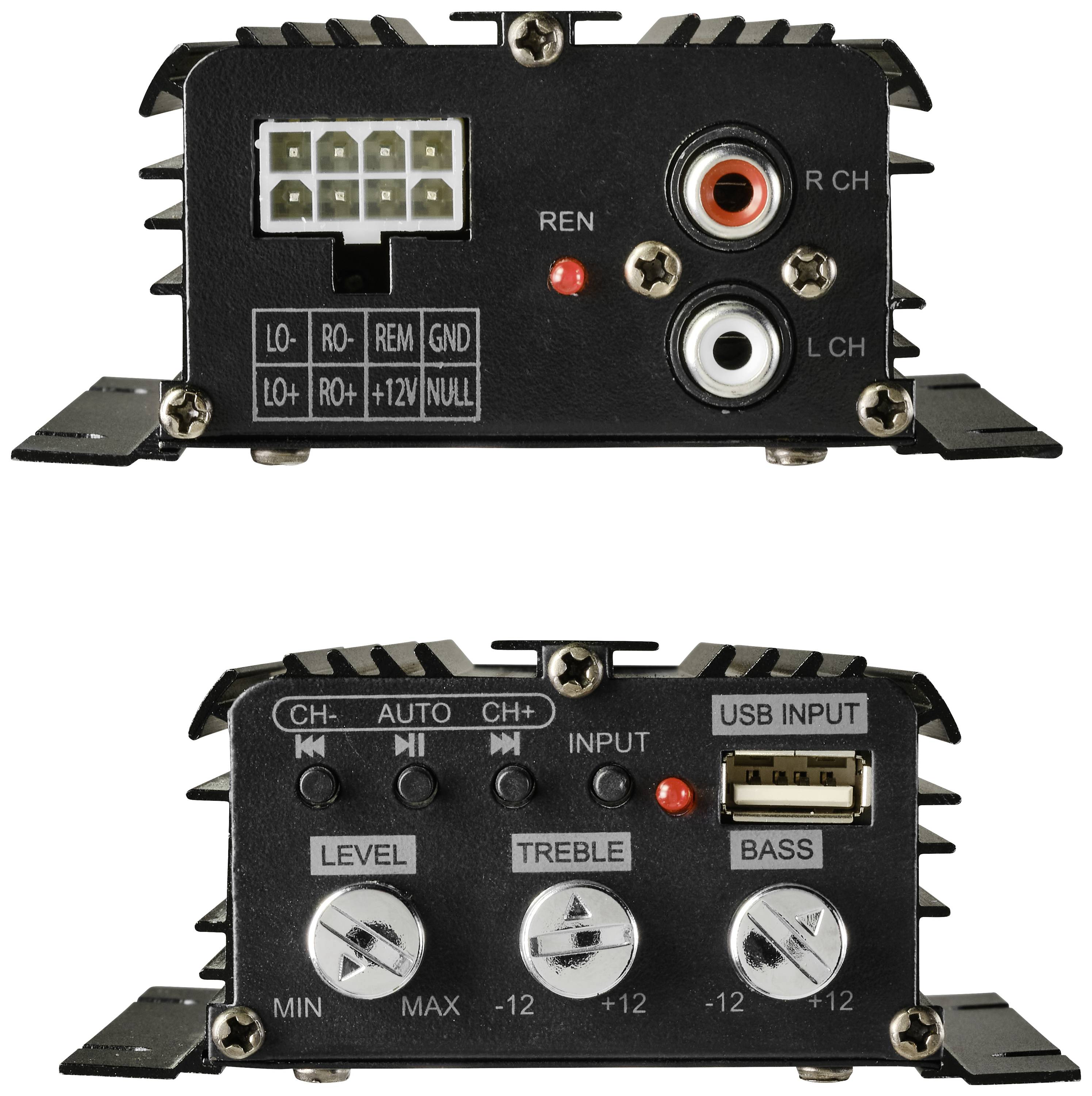 Un amplificatore audio nero con multiple possibilità di connessione, tra cui USB, ingresso stereo e comandi per alti e bassi.
