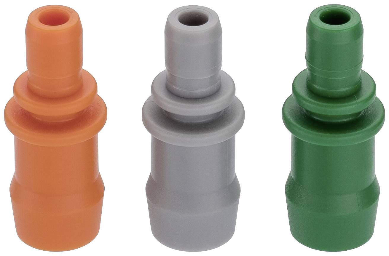 Tre adattatori in plastica colorati, da sinistra a destra: arancione, grigio e verde. Sono cilindrici e della stessa dimensione.