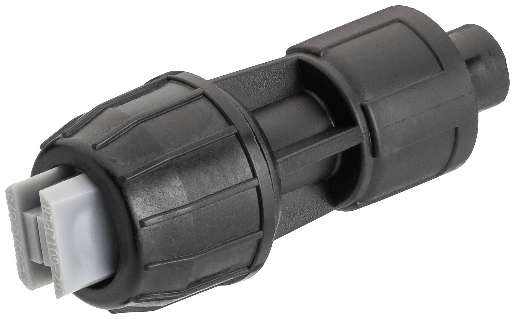 Connettore nero in plastica a forma cilindrica con design nervato. Utilizzato per collegare tubi o flessibili.