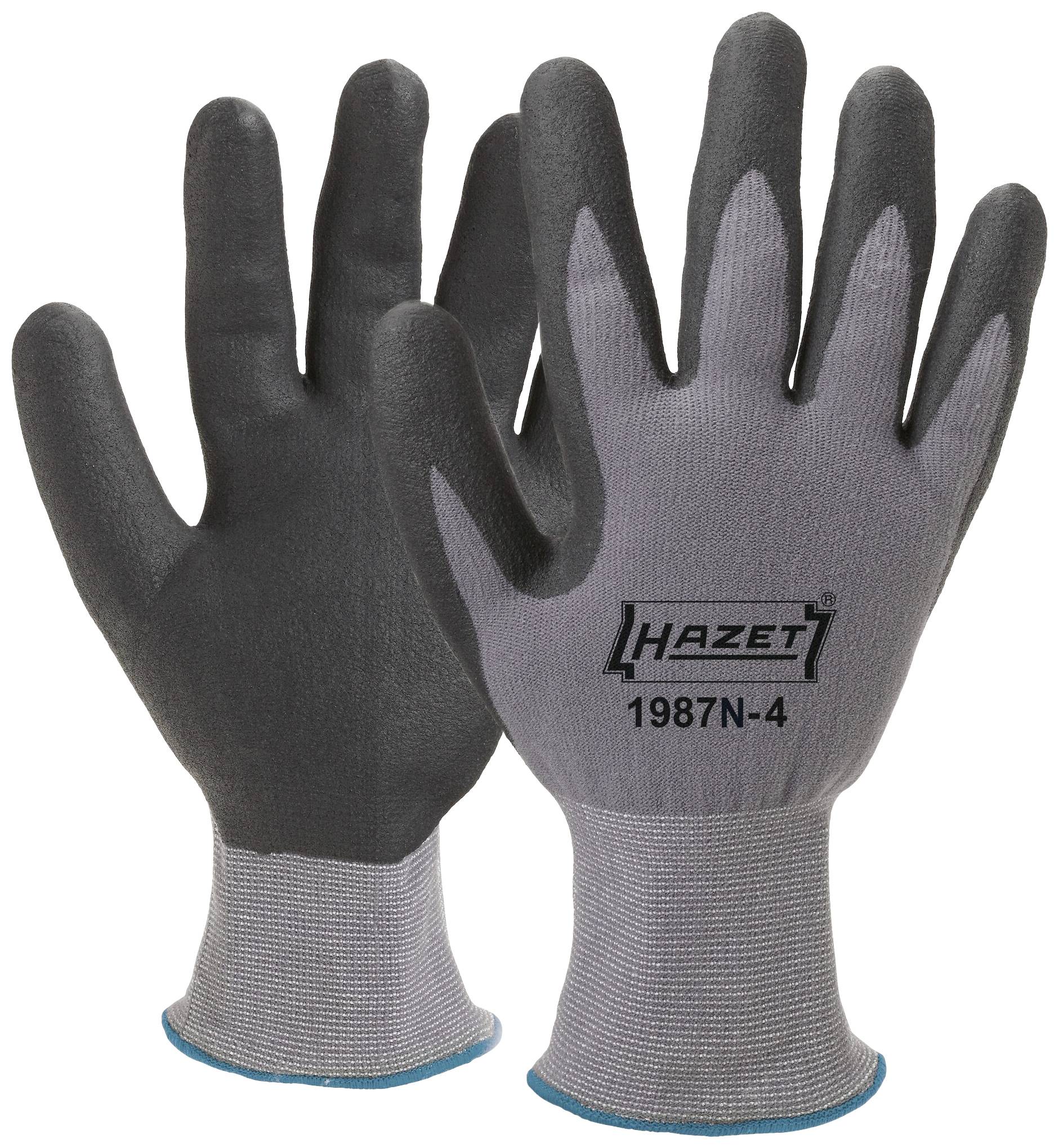 Due guanti da lavoro grigi con rivestimento nero sul palmo. Su un guanto è scritto 'HAZET 1987N-4'.