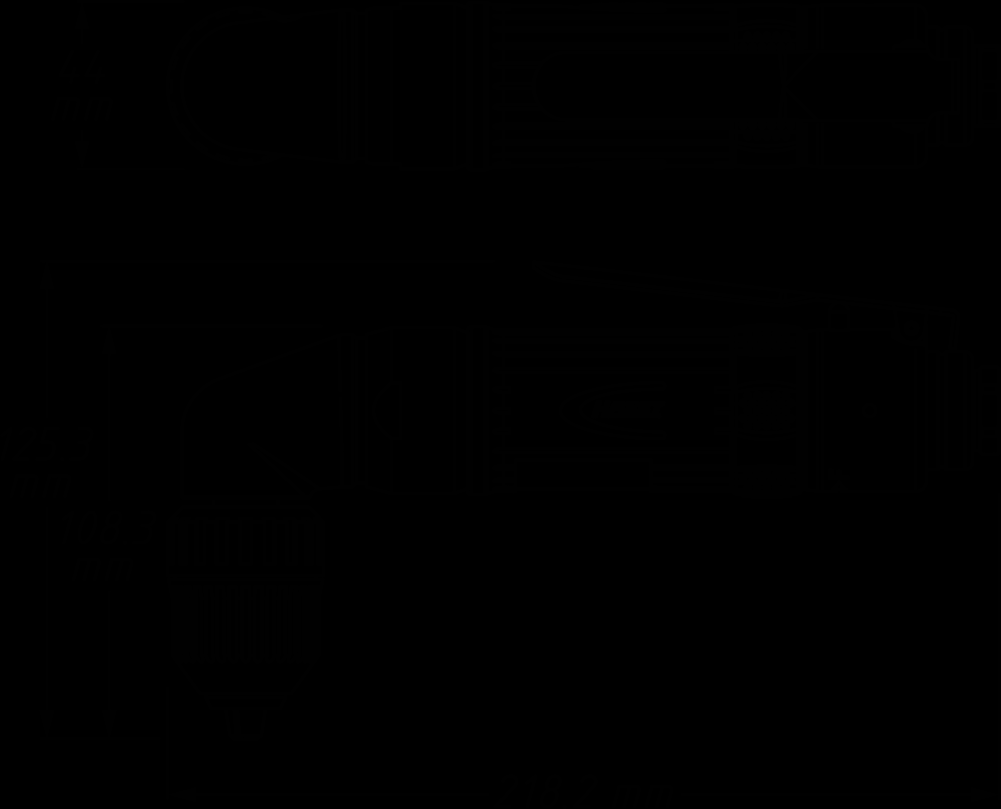 Disegno tecnico di un avvitatore angolare con misure: Lunghezza 218,2 mm, Larghezza 44 mm, Altezza 108,3 mm, Albero 125,3 mm.