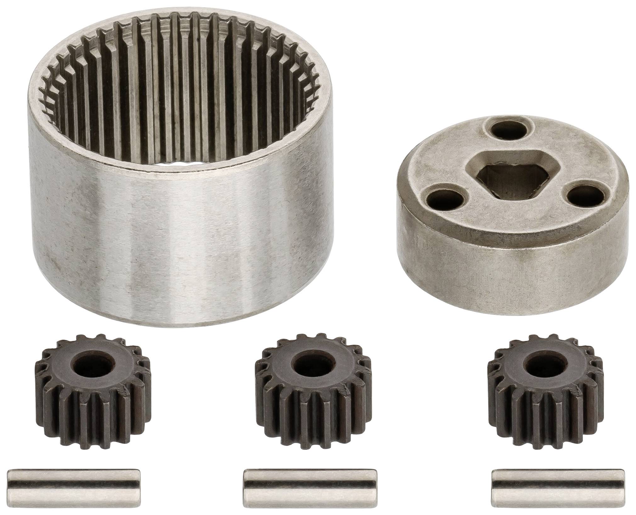 Un insieme di sei ingranaggi metallici e due perni, disposti su uno sfondo bianco, mostra diversi componenti di un meccanismo.