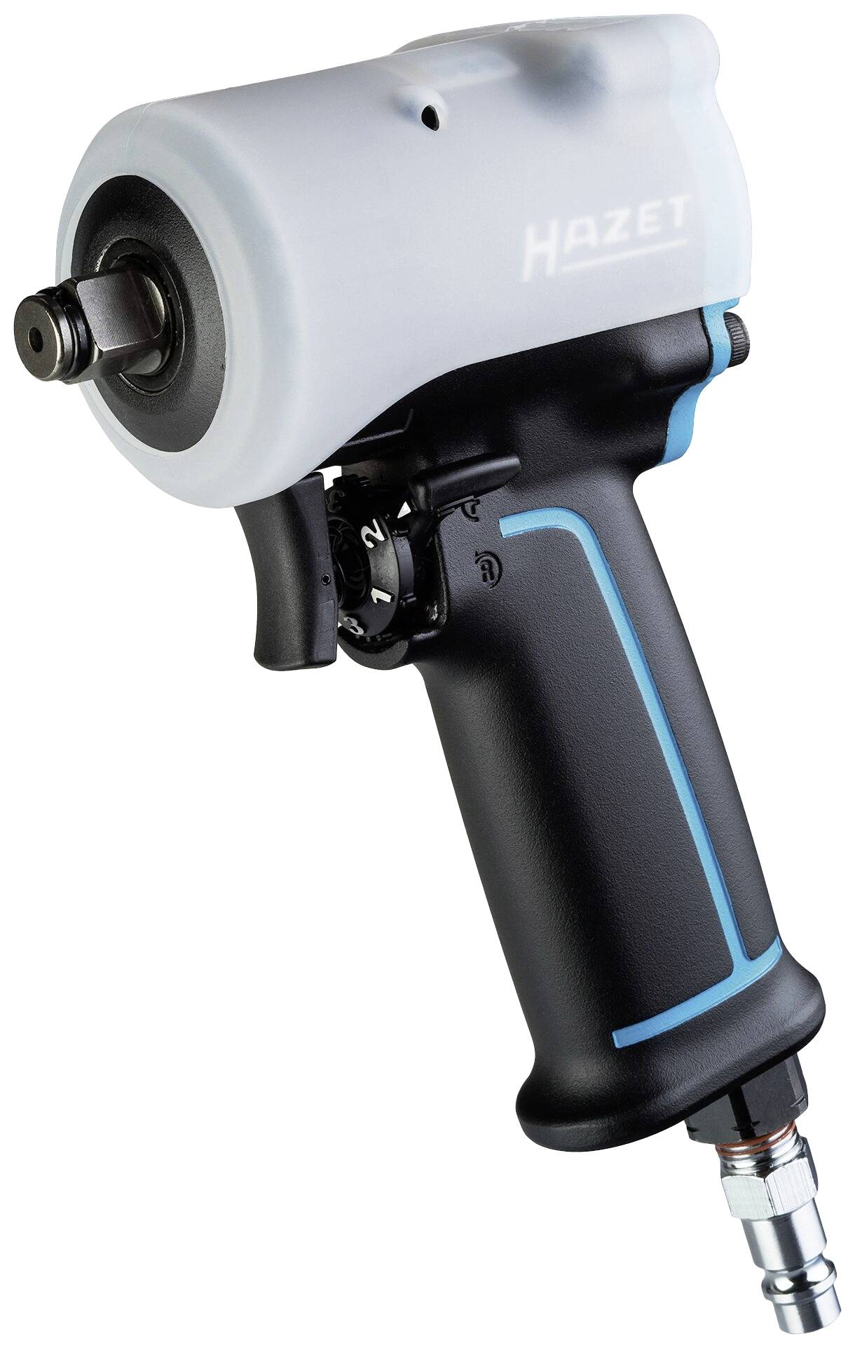 Avvitatore pneumatico con impugnatura ergonomica, corpo nero e dettagli blu. Ideale per lavori in officina.