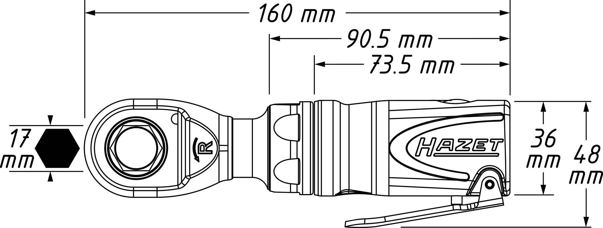 Illustrazione di una testa di cricchetto rotante del marchio Hazet con indicazioni dimensionali: lunghezza 160 mm, testa 17 mm, altre misure 90,5 mm e 73,5 mm.
