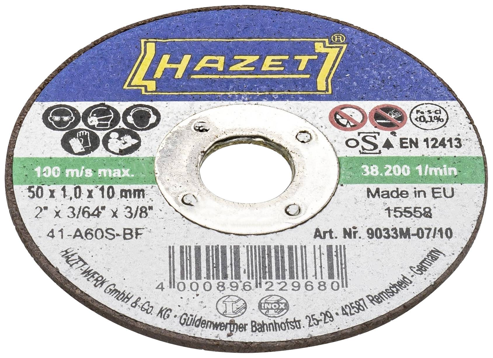 Disco abrasivo Hazet, 50x1,0x10 mm, velocità massima 38.200 giri/min, prodotto nell'UE, codice articolo 9033M-07/10.