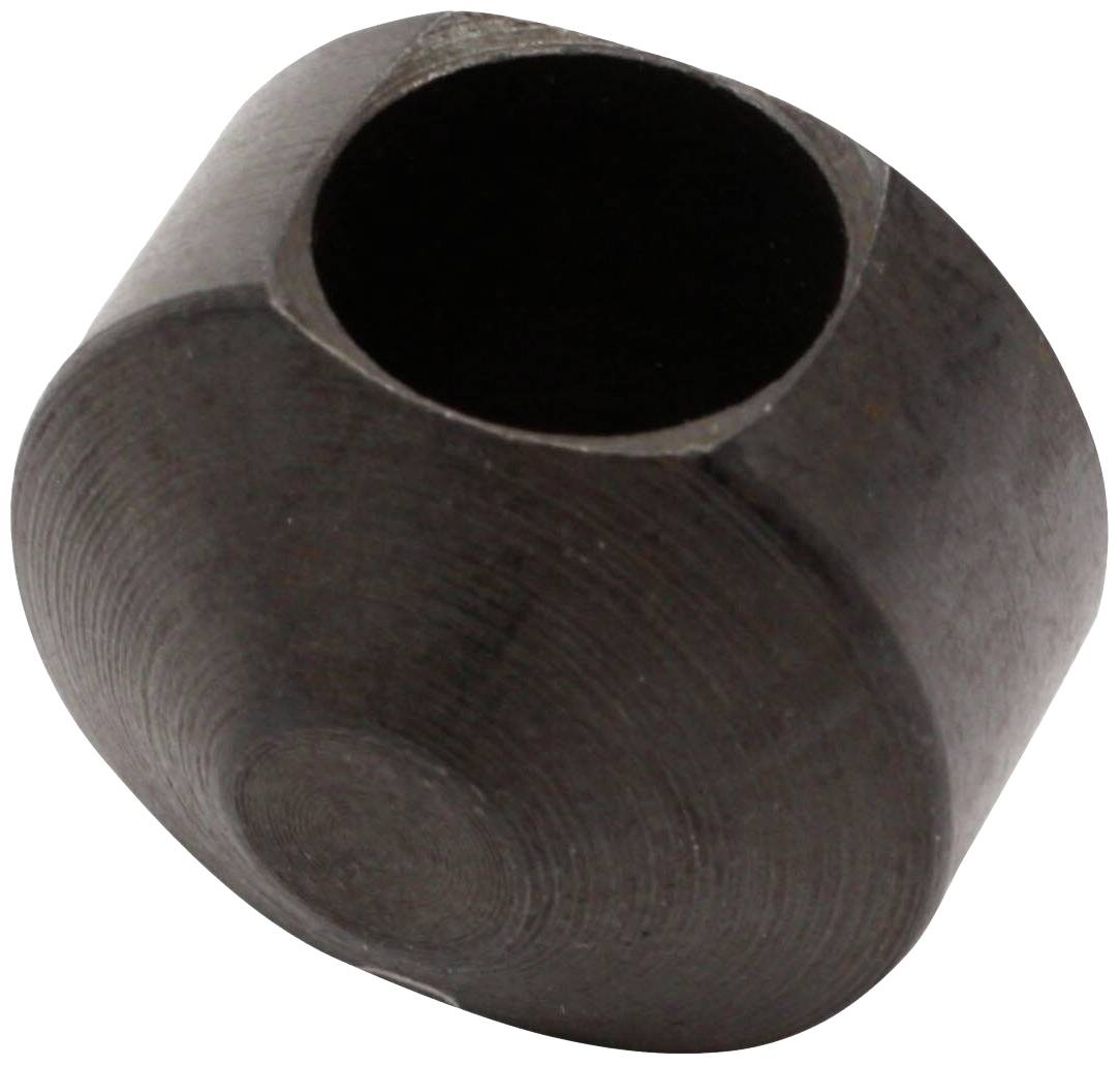 Un componente metallico esagonale color marrone scuro con un'apertura cilindrica, probabilmente parte di un macchinario o un elemento di fissaggio.