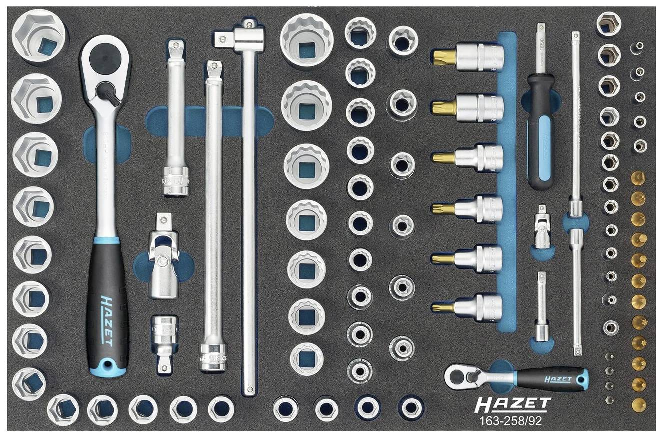 Cassetta degli attrezzi con cricchetto, prolunga, chiavi a bussola e bits in varie dimensioni. Contrassegnata con 'Hazet 163-258/9/2'.