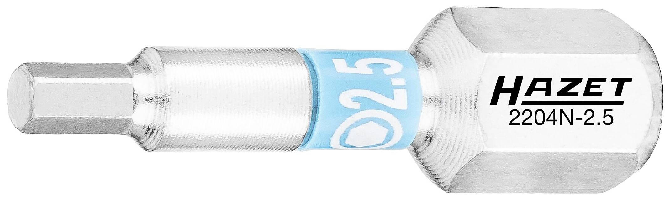 Un inserto per cacciavite Hazet argentato, misura 2,5, con anello di marcatura blu. Numero modello: 2204N-2.5.