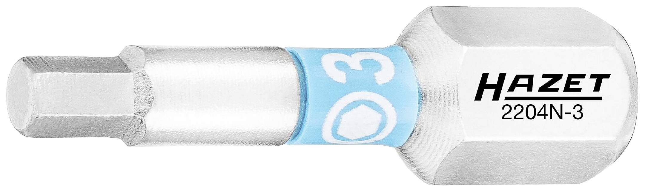 Un inserto per bit in argento della marca 'Hazet' con un nastro blu e la scritta '2204N-3', per l'uso con utensili da avvitamento.