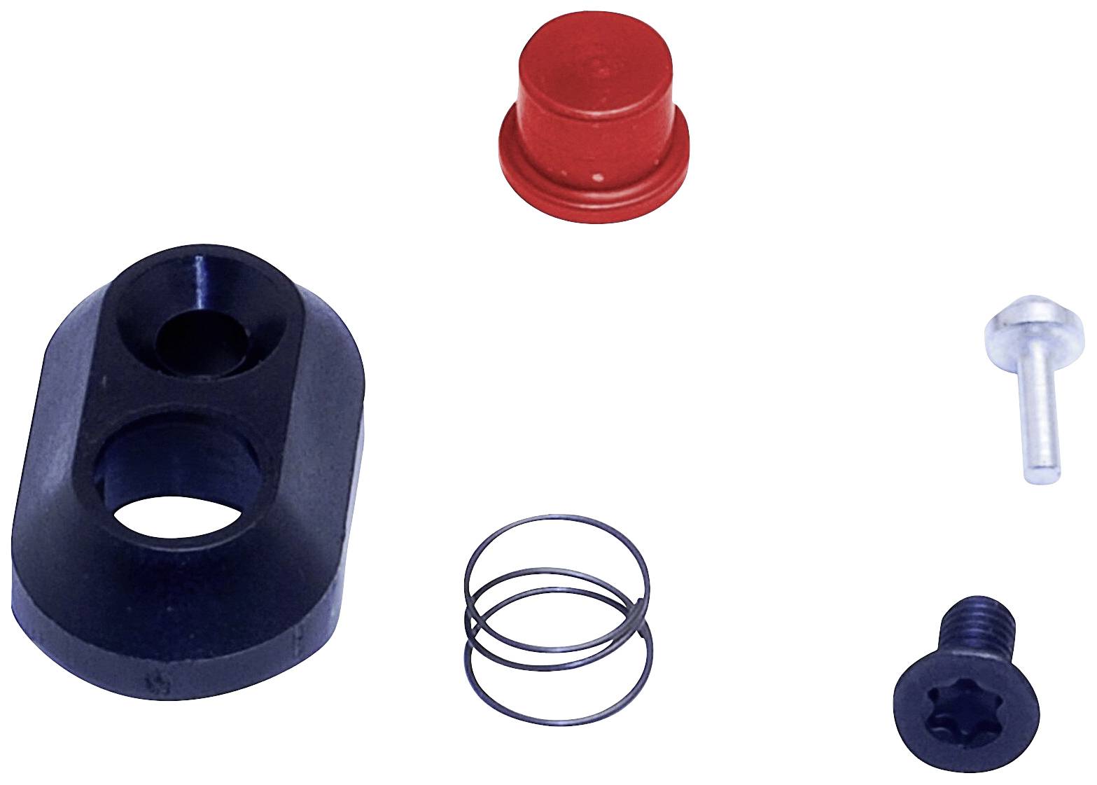 Cinque parti di un kit di assemblaggio meccanico: ferramenta nera, cappuccio rosso, perno argentato, molla metallica e vite nera.