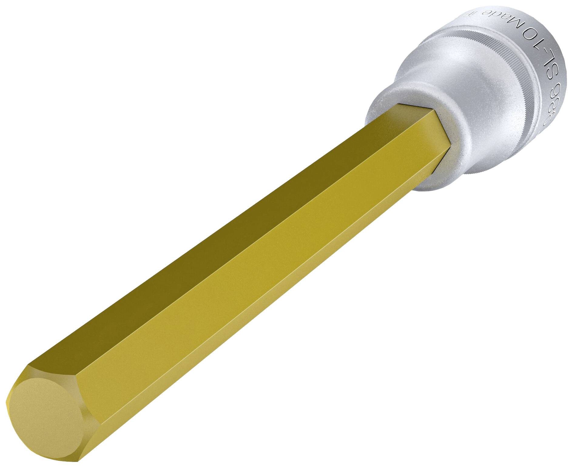 Inserto esagonale con rivestimento giallo e base argentata, idoneo per l'uso in cacciaviti o trapani.