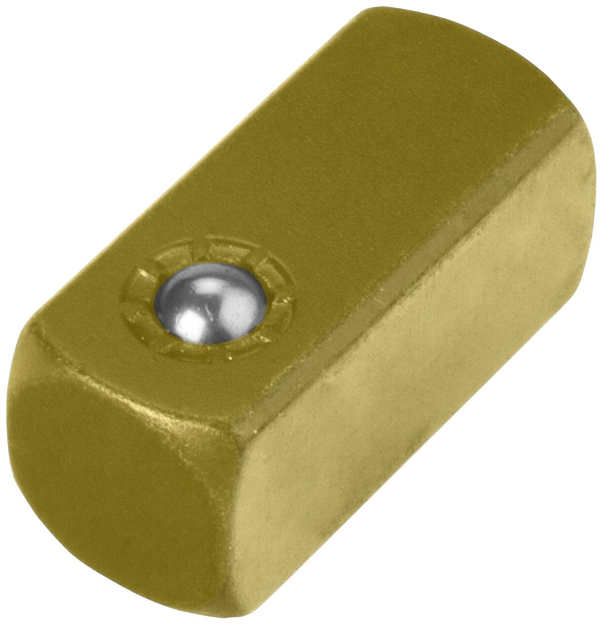 Un piccolo oggetto rettangolare color oro con angoli arrotondati e una piccola sfera argentata al centro di un lato.