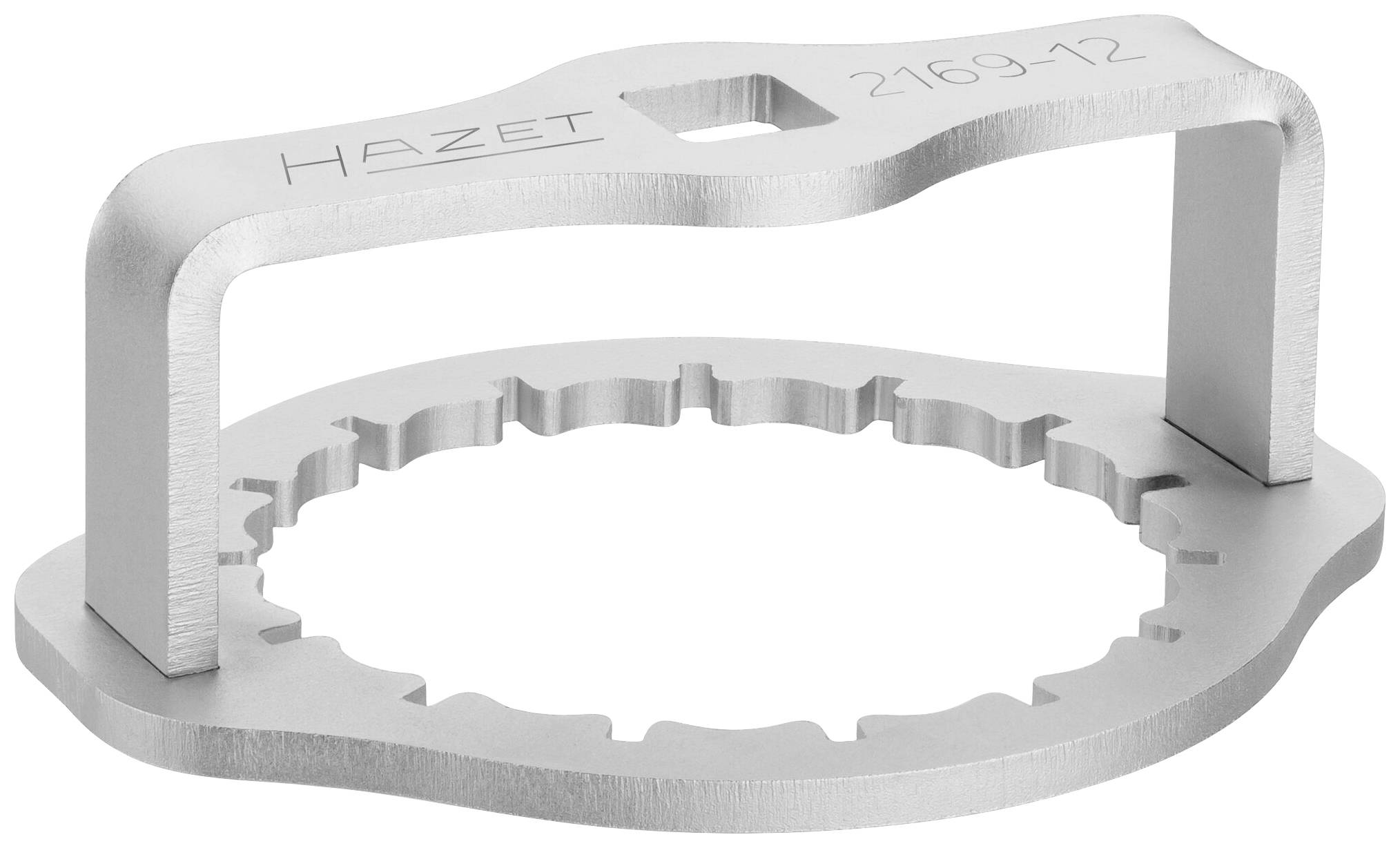 Attrezzo metallico HAZET, numero modello 2169-12, con impugnatura e base dentata, presumibilmente utilizzato per allentare o serrare viti.