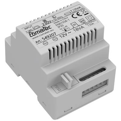 Un dispositivo elettrico grigio con l'etichetta 'Comatec'. Presenta connessioni per input e output, nonché specifiche tecniche.