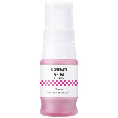 Flacone di inchiostro Canon, modello GI-55M in Magenta, con coperchio bianco, stampato sul lato anteriore con informazioni di marca e prodotto.
