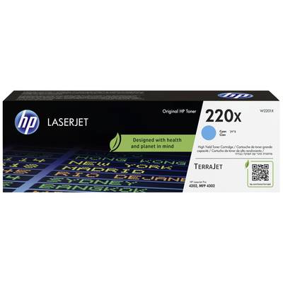 Confezione toner per HP LaserJet, modello 220X, colore Ciano. Scritta 'Progettato pensando alla salute e al pianeta'. Contiene codice a barre e numero di modello.