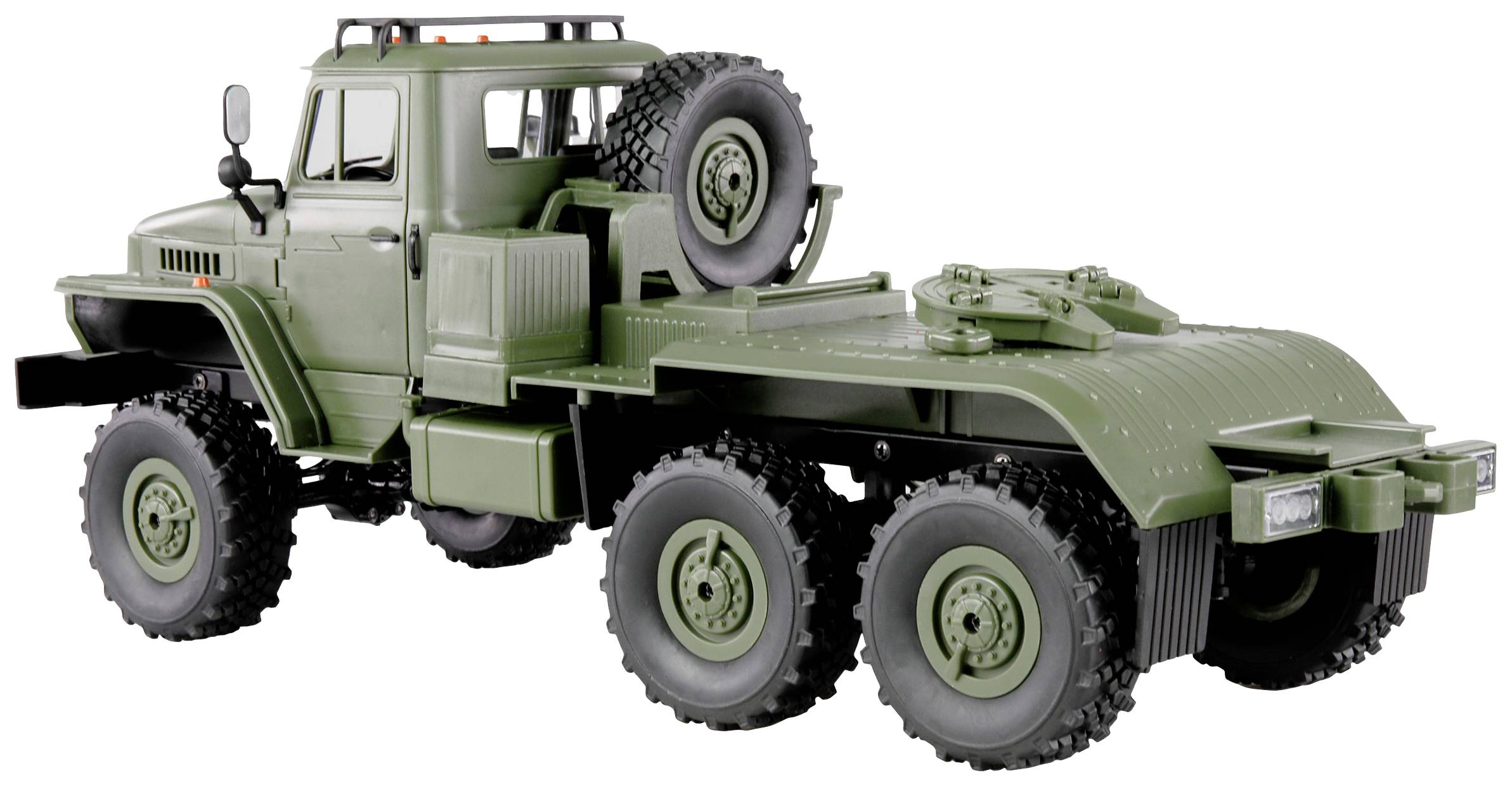 Modello giocattolo verde di un camion militare a sei ruote con ruota di scorta sul pianale.