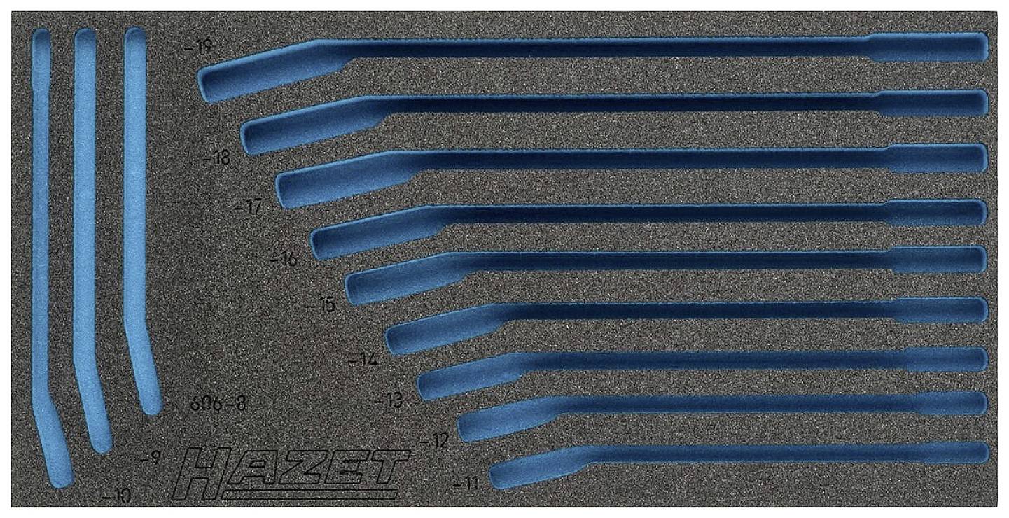 Inserto in schiuma con ritagli blu per le chiavi del marchio Hazet, dimensioni contrassegnate da 6 a 19.