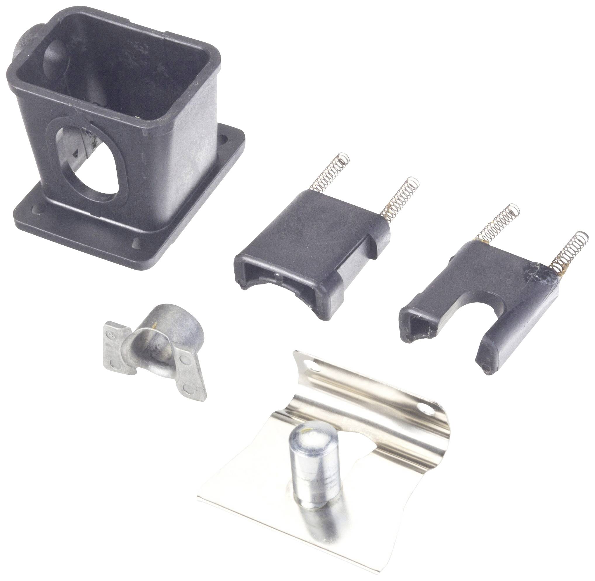 Un set di componenti per utensili, composto da parti in plastica e metallo, probabilmente utilizzato per scopi di assemblaggio.