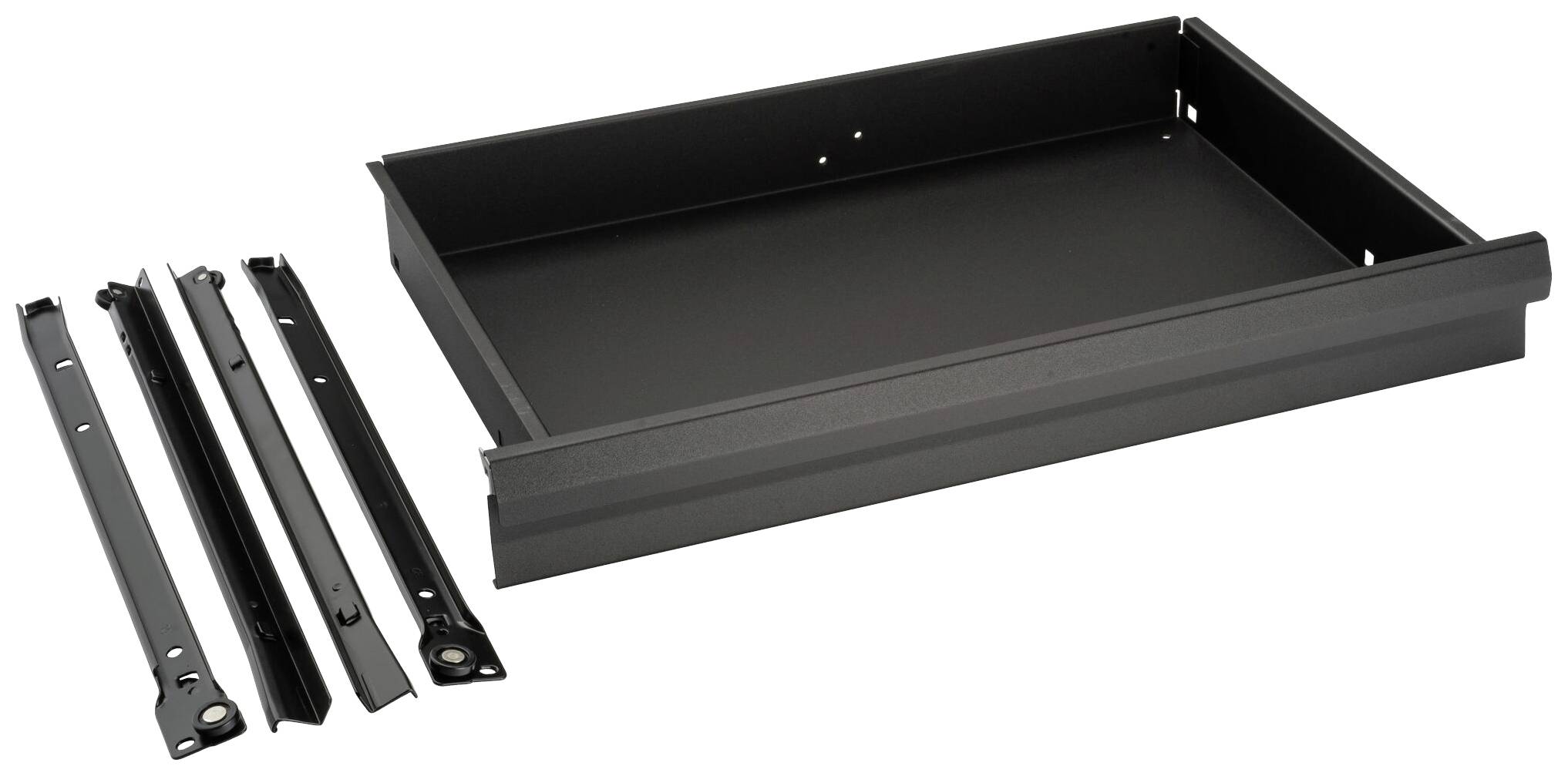 Set di cassetti in metallo nero, composto da un cassetto piatto e due guide, ideale per l'installazione di mobili per ufficio.
