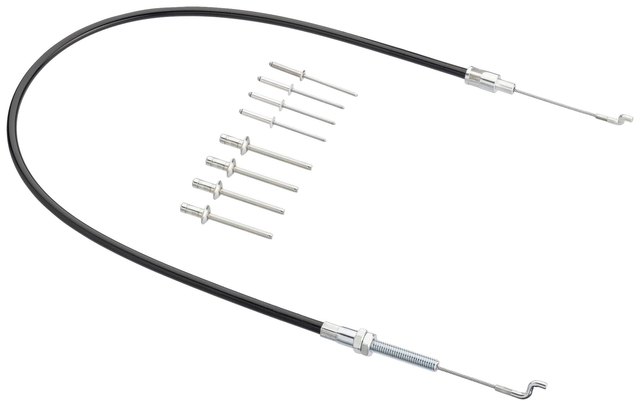 Un set di cavi bowden nero con terminali metallici e raccordi compatibili, comunemente utilizzato per freni o cambi di biciclette.