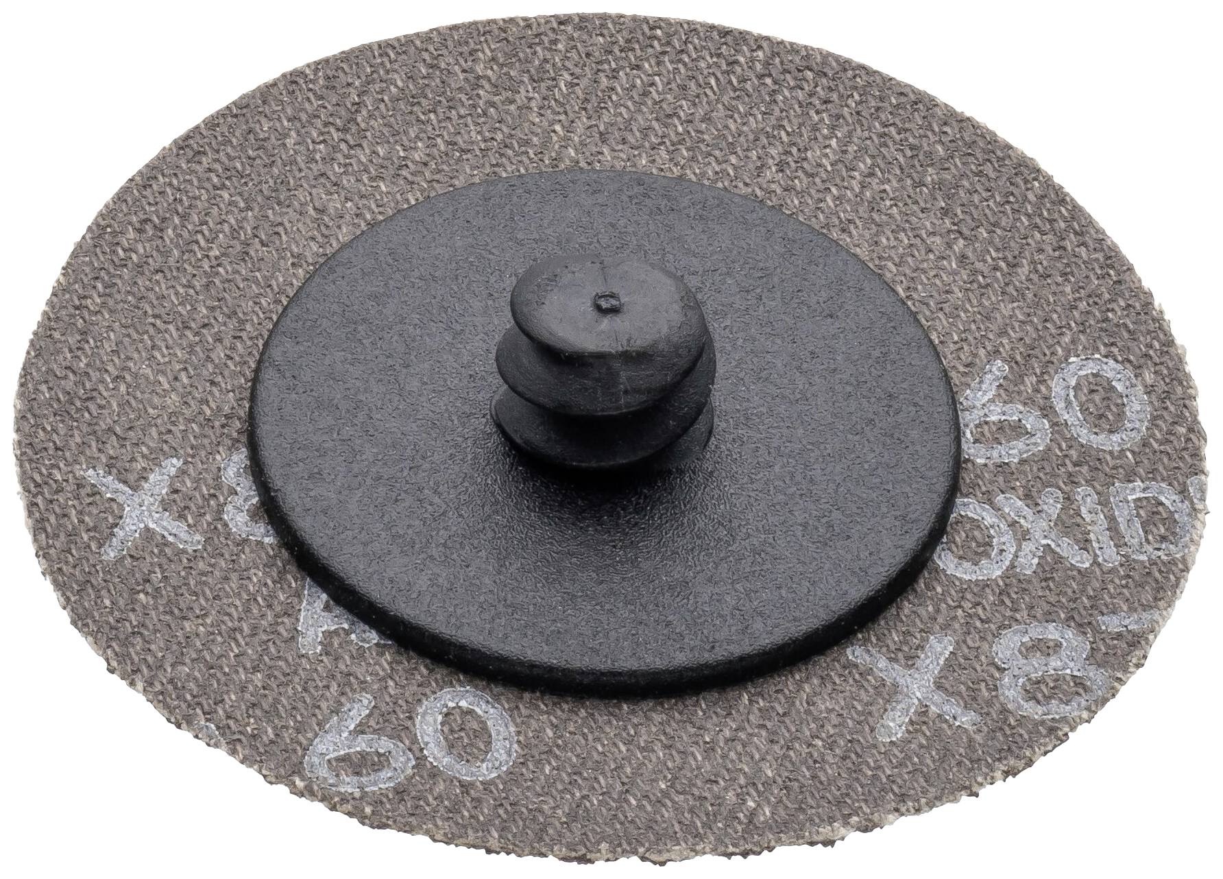 Disco abrasiva a forma circolare con superficie ruvida e connessione centrale in plastica nera, presumibilmente per utensile elettrico manuale.
