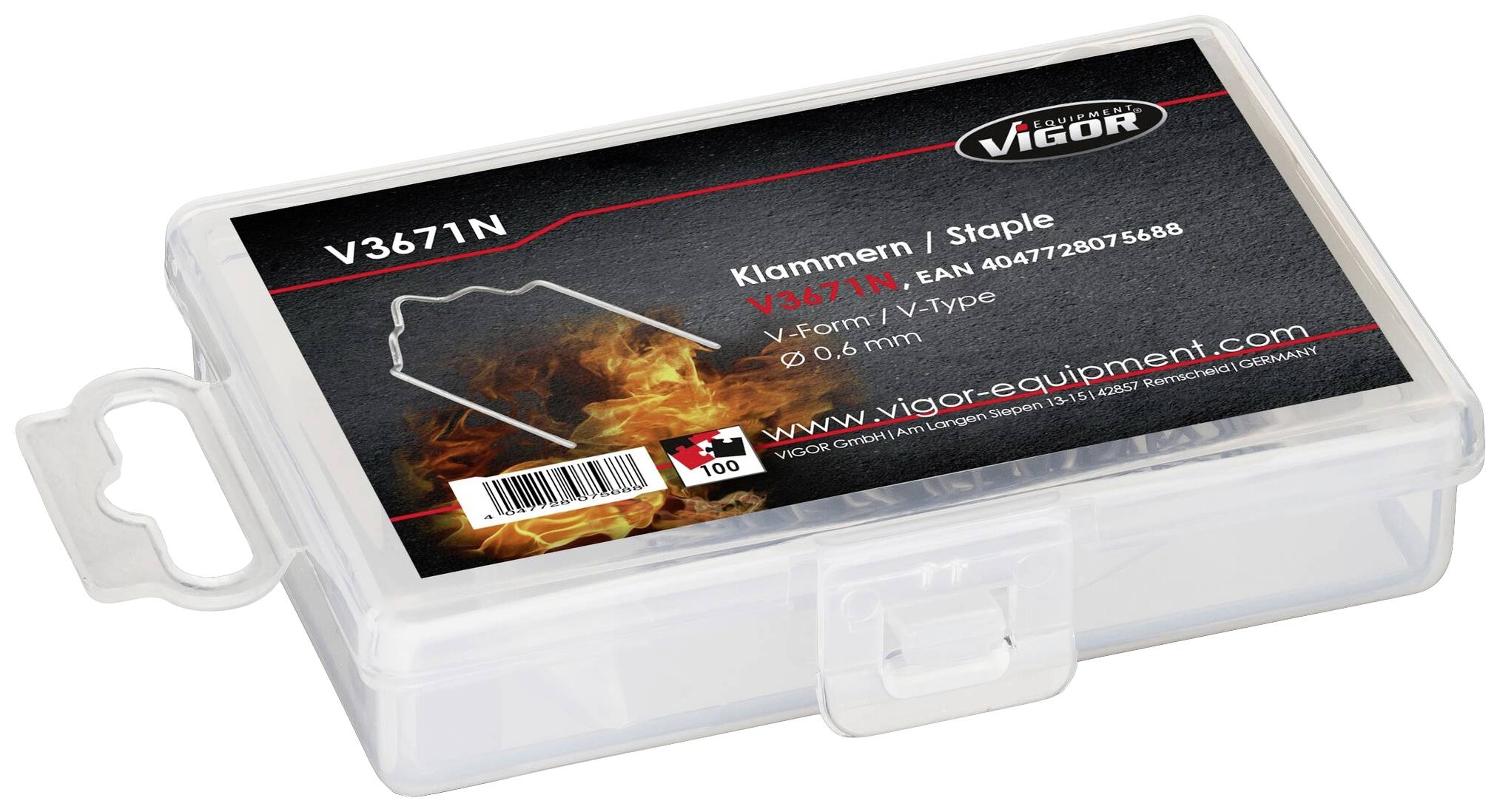 Scatola trasparente in plastica con etichetta nera, scritta 'Graffette V3671N', forma a V, 100 pezzi. Adatta per utensili VIGOR.