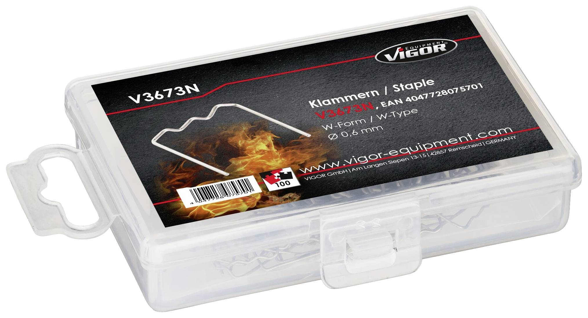Scatola trasparente in plastica con graffette metalliche, stampa 'Graffette/Staple V3573N, Tipo W/W-Type, 0,6 mm', illustrazione: graffetta su sfondo fiammeggiante.